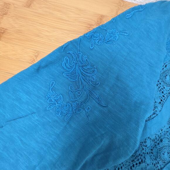 Sundance Long Sleeve Shirt Womens Large Floral Crochet Lace Blue Boho Slub Knit - Picture 4 of 6